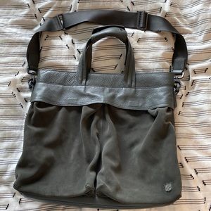 Large olive green/ gunmetal Vince Camuto tote bag, leather/ suede